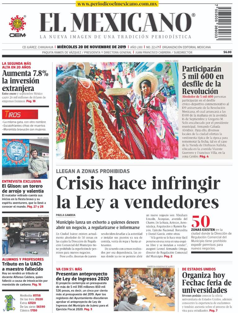 Portada 20 de noviembre del 2019 - El Heraldo de Juárez | Noticias Locales,  Policiacas, sobre México, Chiahuahua y el Mundo